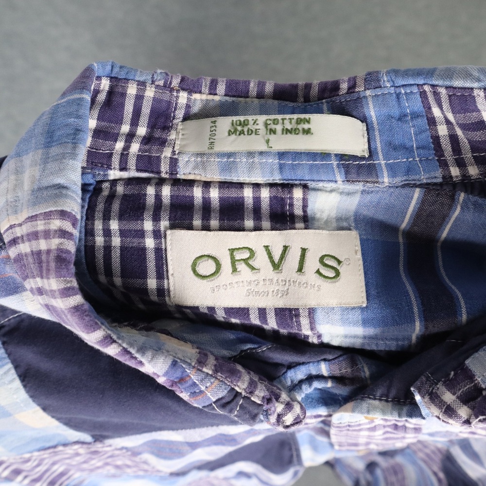 Vintage ORVIS Patchwork Madras Chambray Plaid Short Sleeve Shirt Mens Sz L Blue - Picture 3 of 5